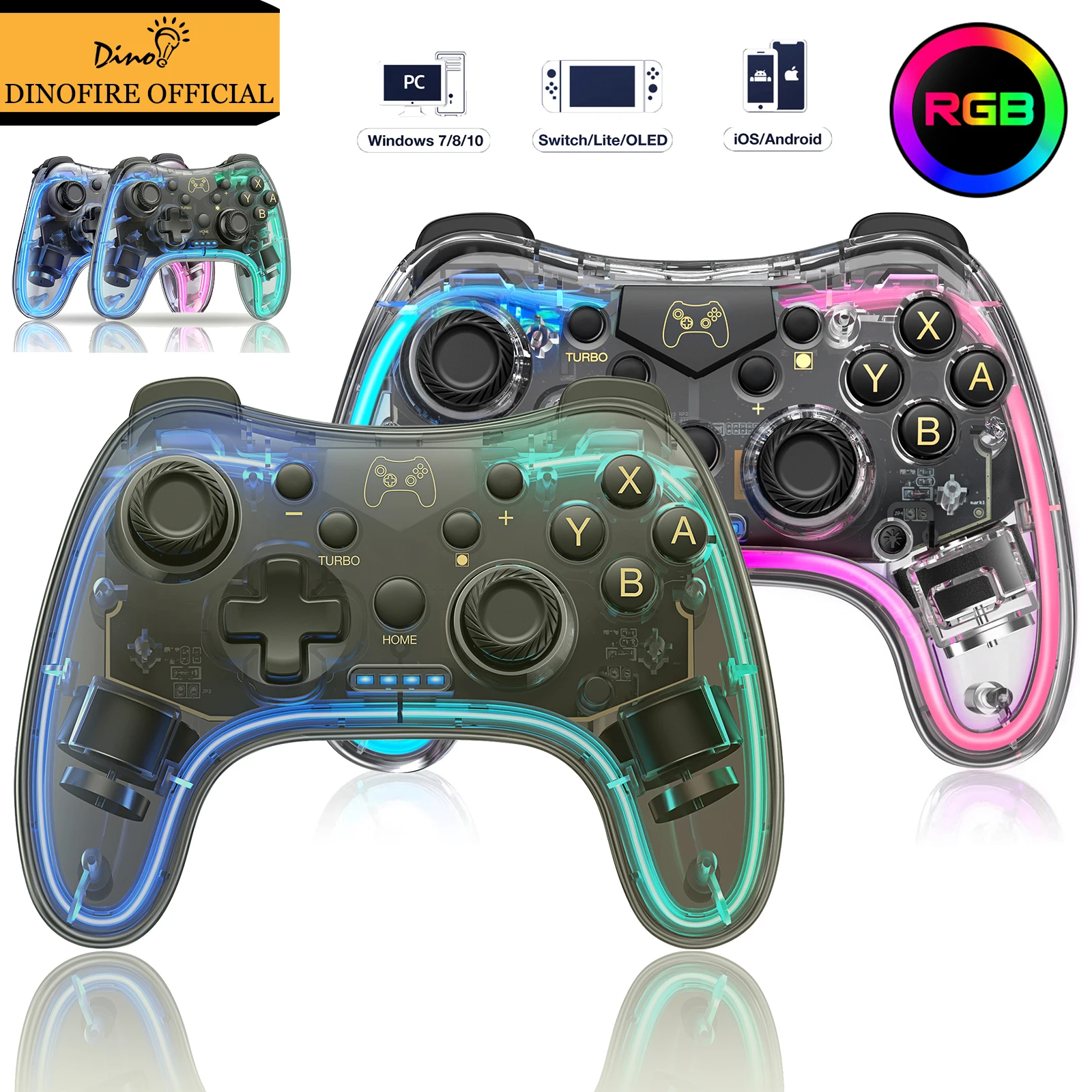 Dinofire Transparent Wireless Controller for Nintendo Switch Game/IOS/ANDROID/PC Multi-Platform Multi-Function Gamepads