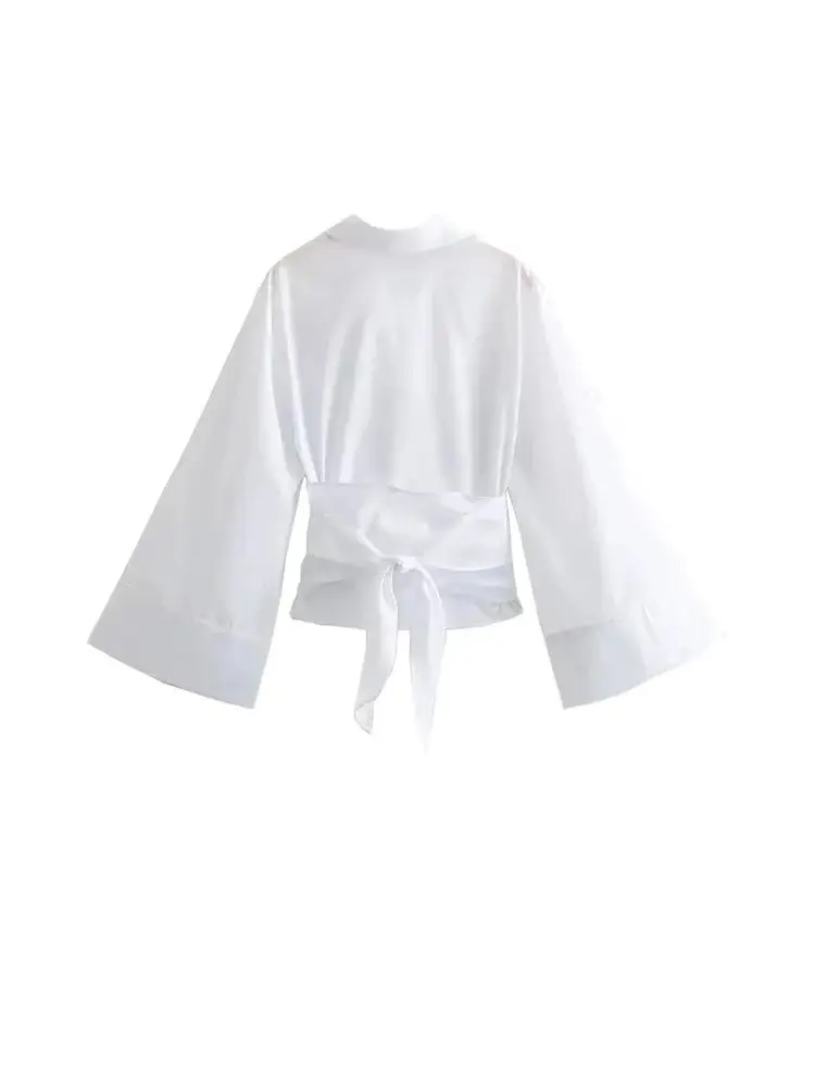 Blusas tipo kimono de manga larga para mujer con pajarita, botón frontal, camisas femeninas, tops elegantes, moda