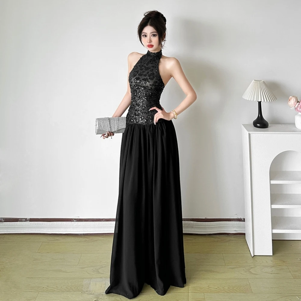 실큐 스팽글 패치워크 롱 드레스 여성용 홀터 오프숄더 백리스 가운 로브 미드나잇 프롬 파티 루치드 엘레강트 베스티도스