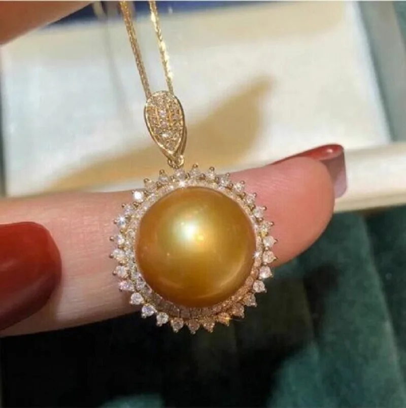 Gorgeous AAAAA 11-10mm Natural Round South China Sea White Pearl Pendant Necklace 925S