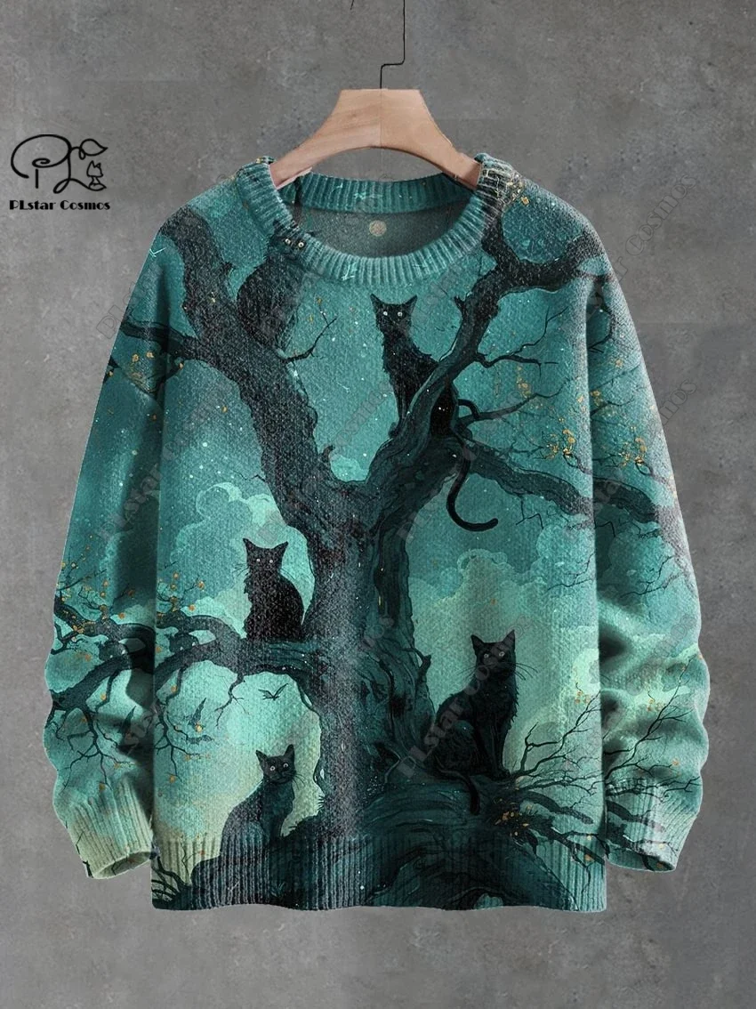 3D Printing Halloween Custom Series Horror Ghost Skull Witch Black Cat Pattern Ugly Sweater Street Casual Winter Sweatshirt W-10