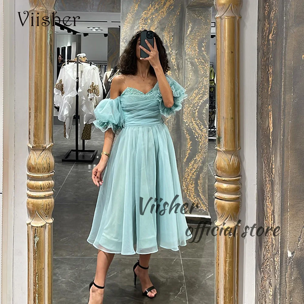 

Viisher Aqua Tulle A Line Evening Dresses Sequins Sweetheart Spaghetti Straps Formal Prom Dress Tea Length Dubai Party Gowns