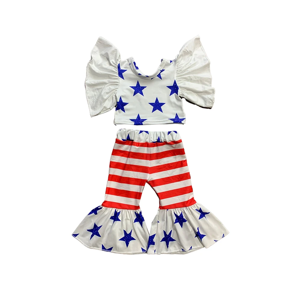 

Wholesale 4th of July Kids Summer Suit Short Sleeve Shirt Newborn White Top Striped Flared Pants