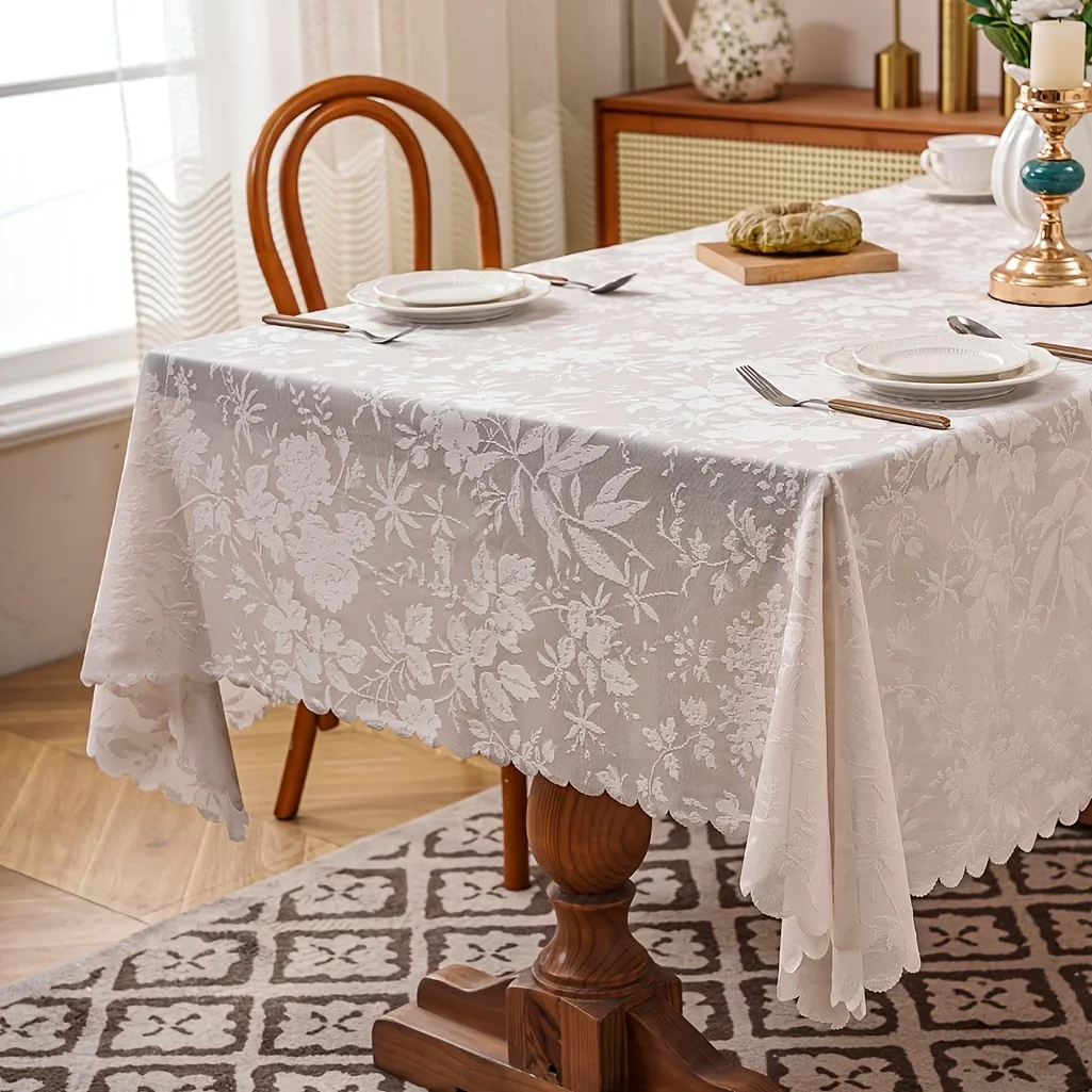 1pc Fresh Style Beige Lace Floral Tablecloth | Romantic Decor for Wedding, Family Meals & Restaurant