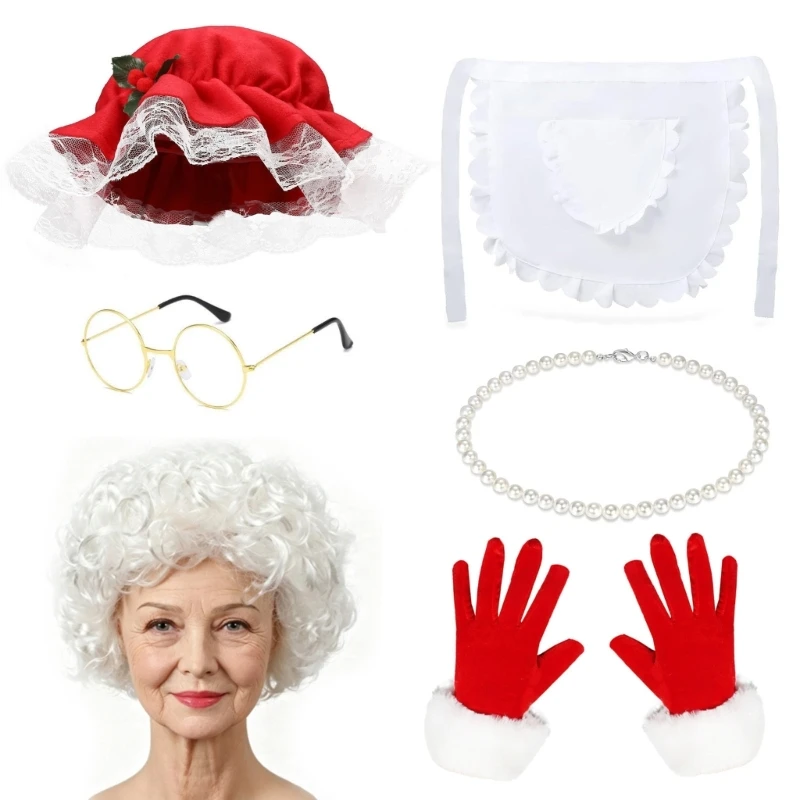 Seasonal Party Costume with Curly White Costume Necklace, Costume Glasses, Apron, Gloves and Red Bonnet for 6XDA