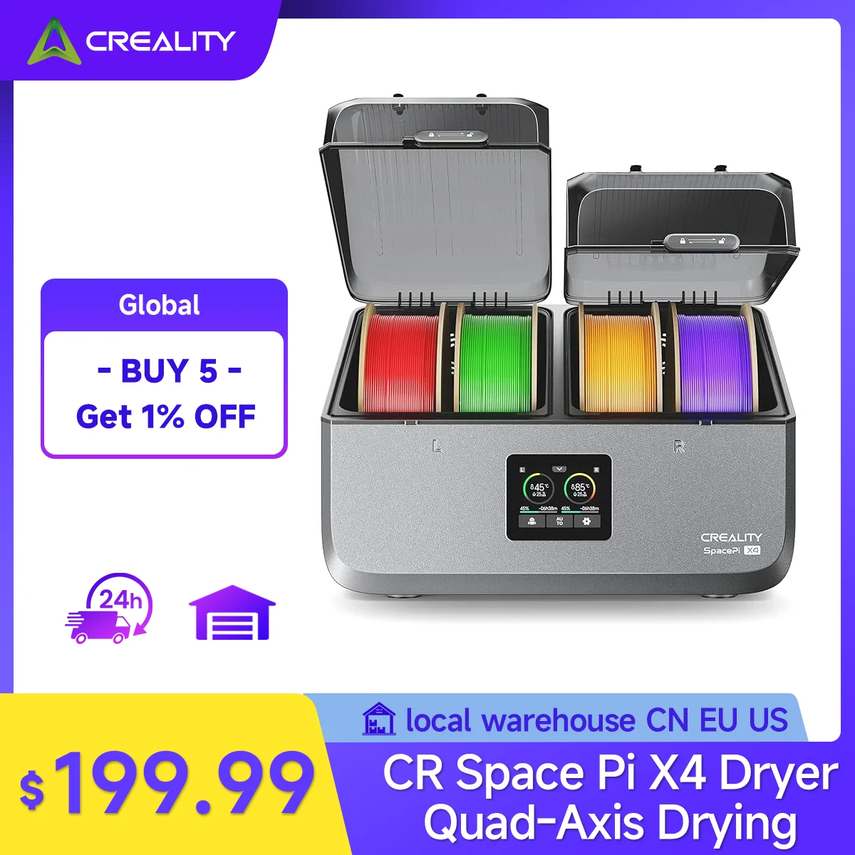 Creality Space Pi X4 Filament Dryer Box–Dual Independent Heaters up to 85°C Active Dehumidification Desiccant Regeneration