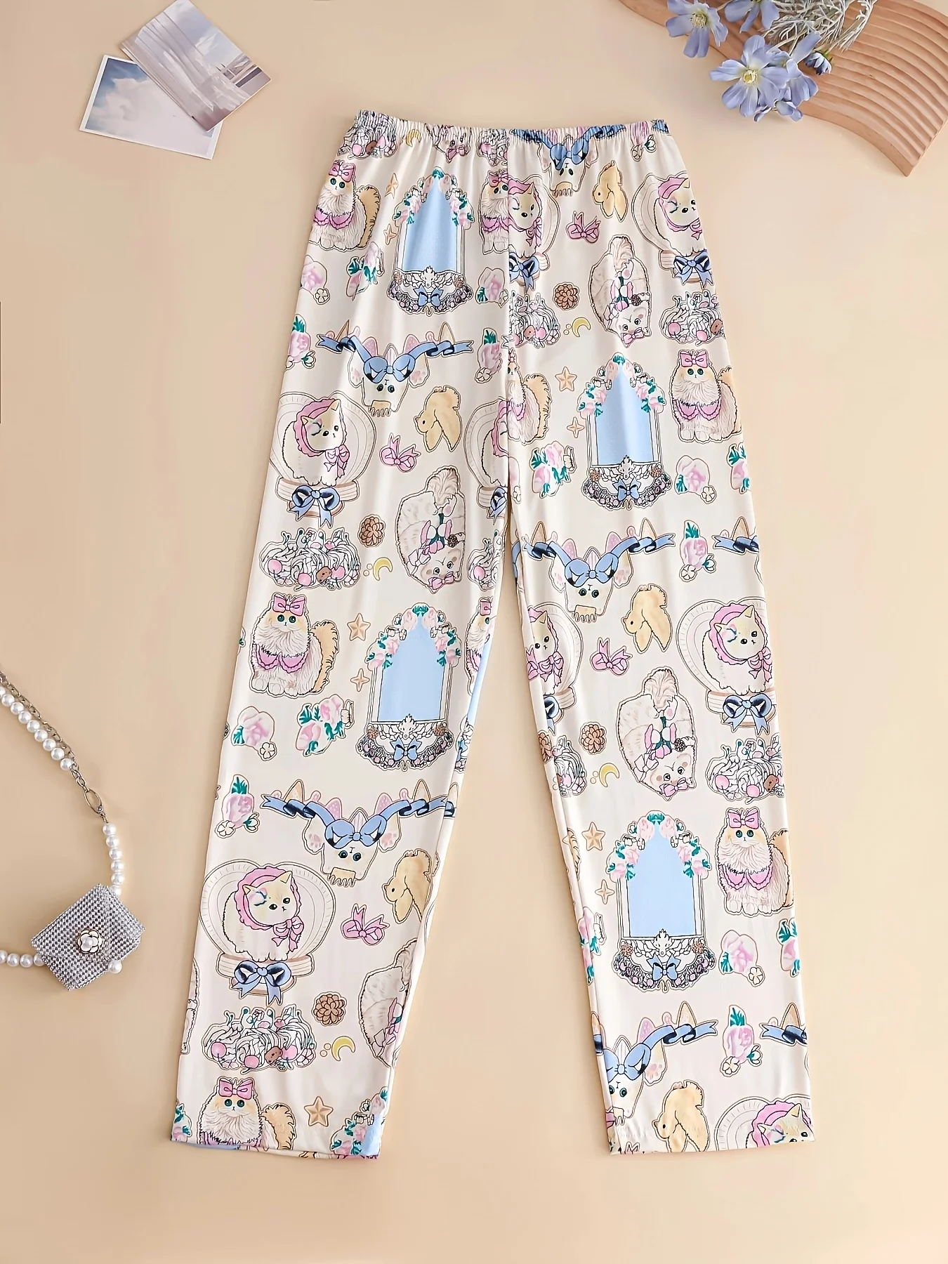 Latest French Bow Cat Vacation Style Retro Photo Frame Floral Kitten 3D Print Niche Lazy Style Versatile Pants