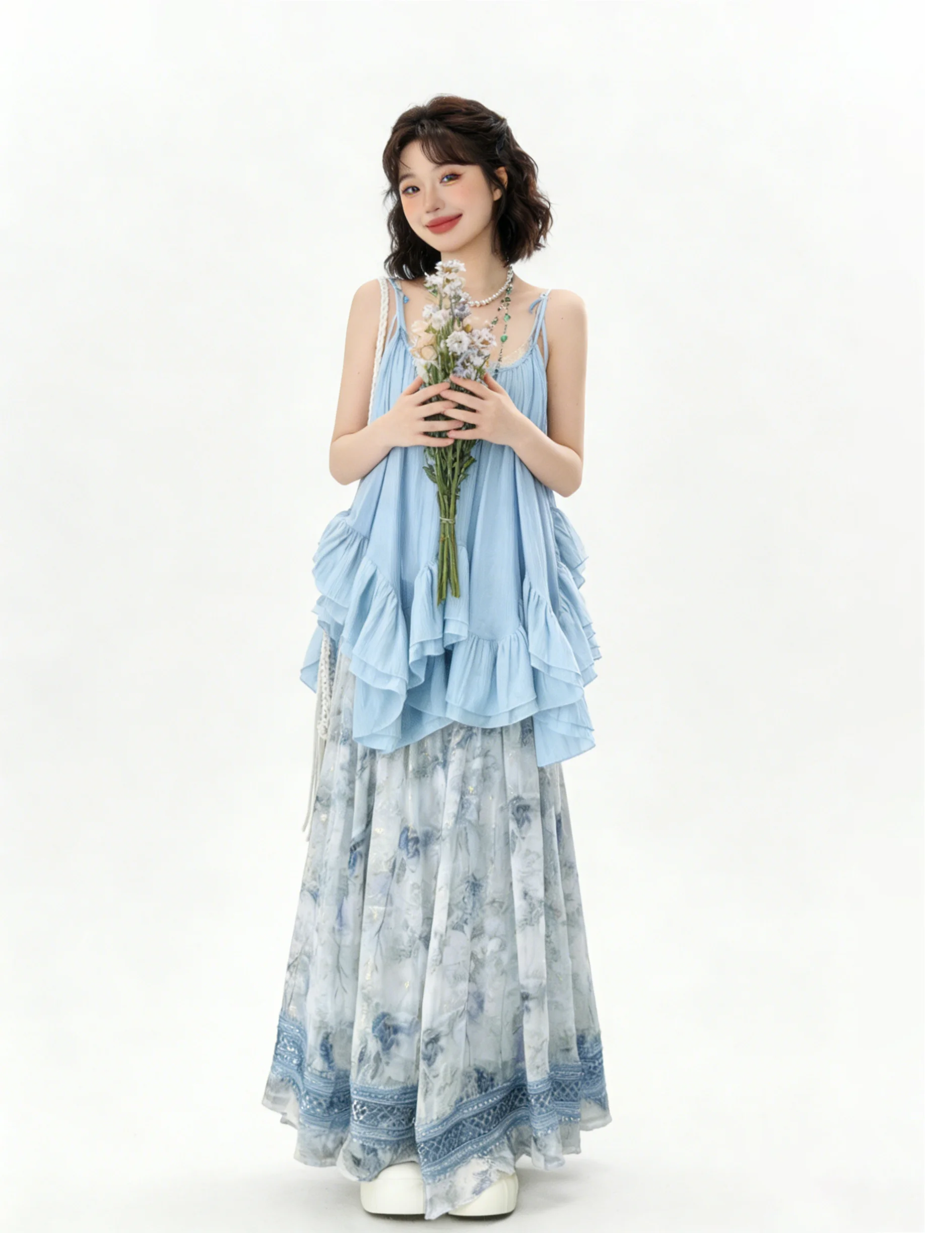 Stunning Summer Beach Vacation Style Blue Lace Trim Halter Dress Set Women's High Waist Skirt Two-Piece Suit Breathable Light... view 5