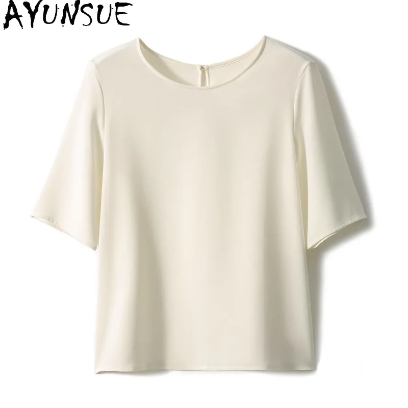 

AYUNSUE 100% Mulberry Silk Women T Shirts Simple Short Sleeve Tops for Woman Solid Color Tshirt Summer Woman Clothes Топ Женский