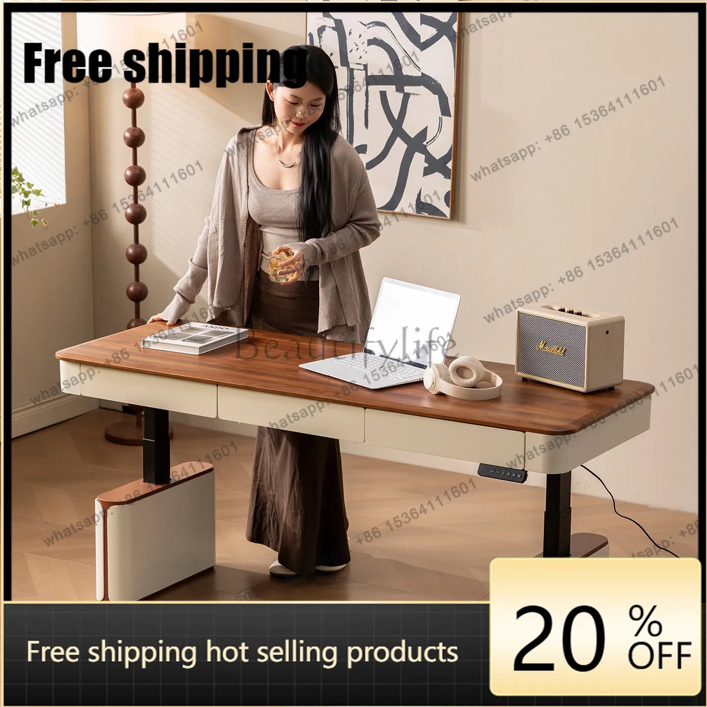 HJ Solid wood antique electric lifting desk household common multi-functional desk
