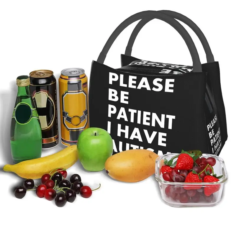 Please Be Patient I Have Autism Letter Print Thermal Insulated Lunch Bag Portable Lunch Tote Box for Women Kids School Food Bags