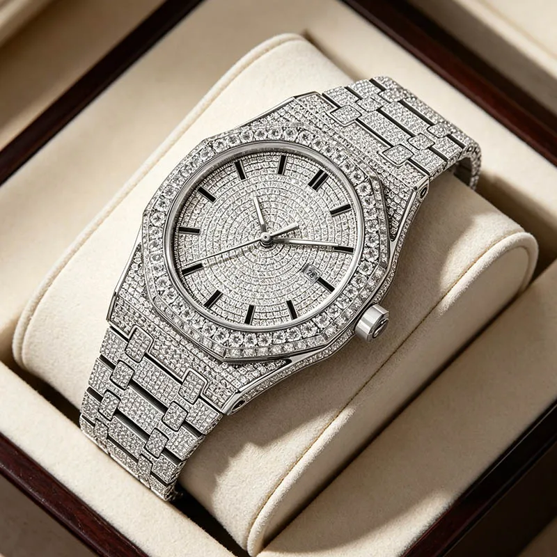 PINDU Luxus Business Mechanische Uhr Herren Moissanit-Uhren Glänzende Herrenuhren Wasserdichte Stahl-Qualitäts-Modeuhren