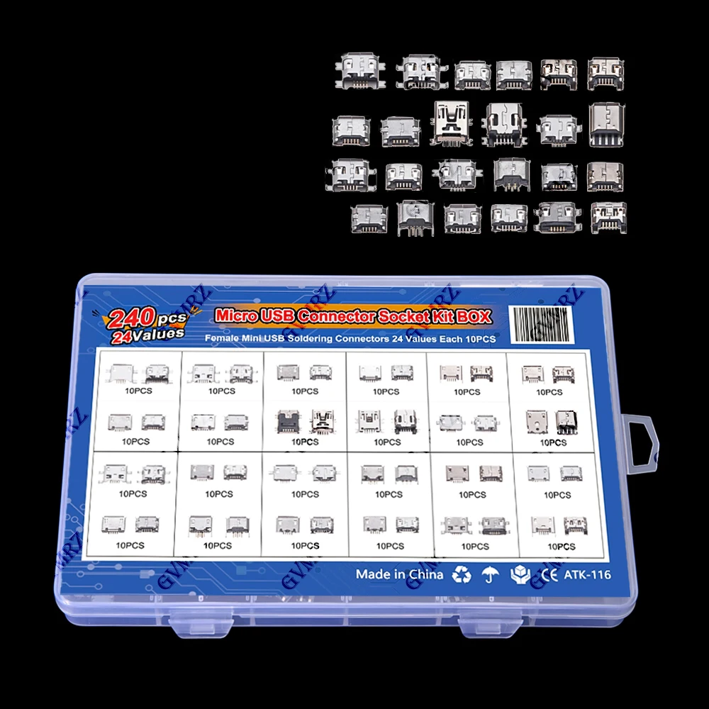 240Pcs/box Micro USB Connector Kit 24 Models Female Mini Usb Soldering Connectors Diy For MP5/4/3 Samsung  SMD DIP Socket Kit