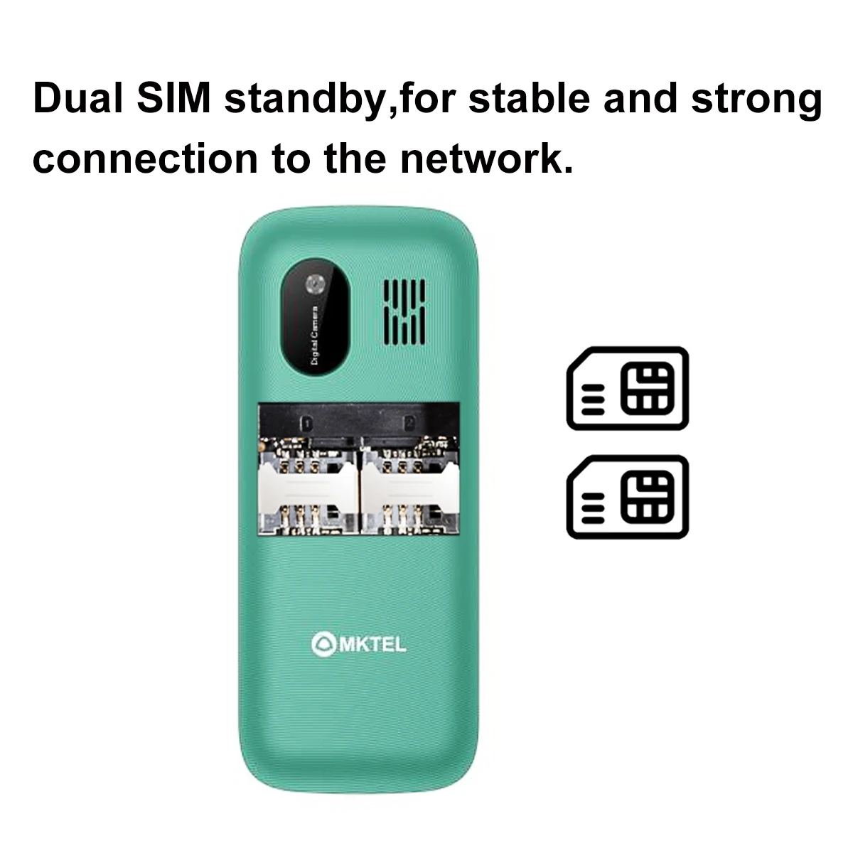 MKTEL M2023 característica teléfono con pantalla de 1,77 pulgadas batería de 800mAh Dual SIM Radio FM linterna 0,08 megáega cámara teléfono para personas mayores