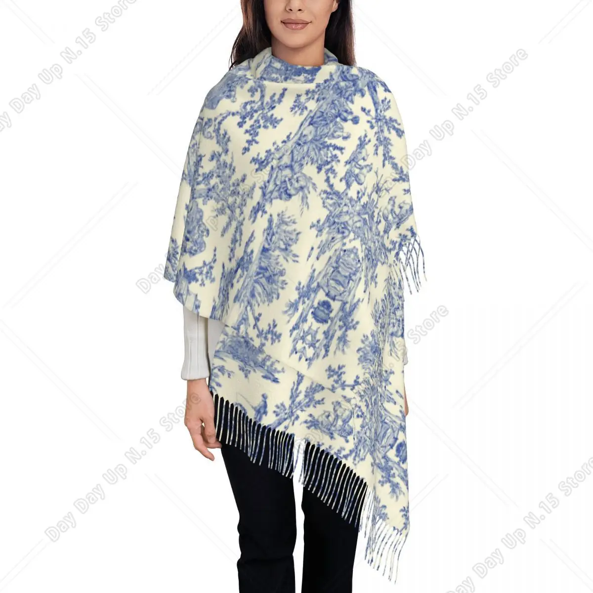 Lady Large Traditional Blue French Toile De Jouy Motif Pattern Scarves Women Winter Fall Soft Warm Tassel Shawl Wrap Scarf