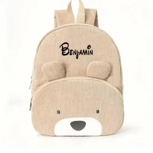 Imagen 2 del producto Mochila para niños con nombre personalizado, bolso de pana con oso de dibujos animados con gran capacidad, mochila de felpa con nombre bordado para niños