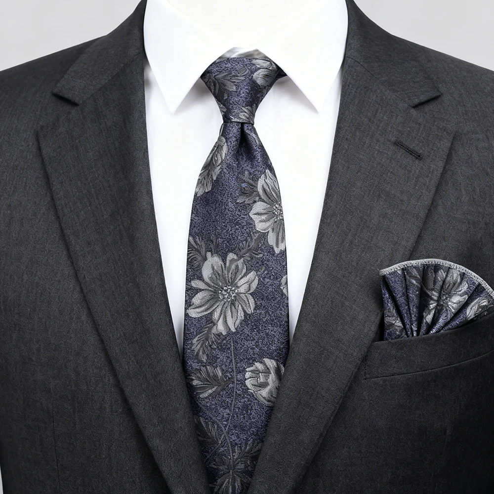 New Men's High Quality 8cm Flower Fish Pattern Jacquard Tie Pocket Square Set Polyester Office Business Party Accessories Gifts