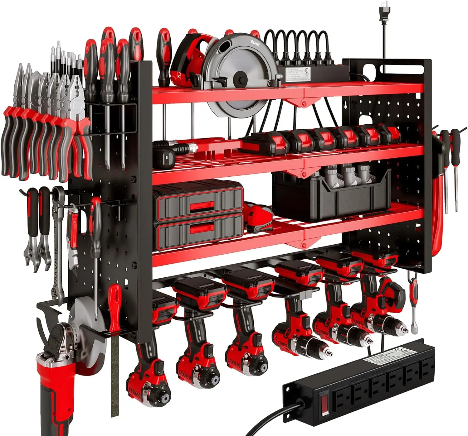 

Power Tool Organizer Wall Mount with Charging Station, 4 Layer 6 Slot Cordless Drill Holder, Angle Grinder Holder, Red