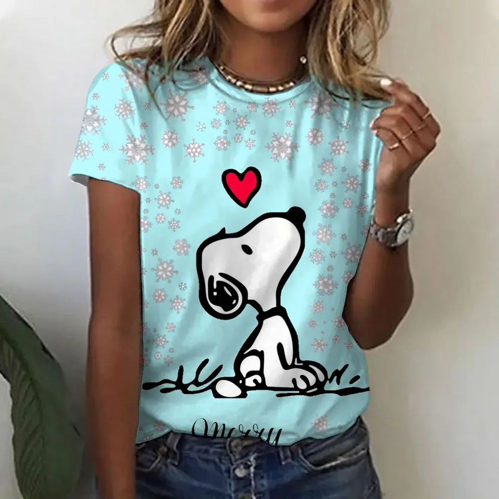 

2024 Women's Summer Casual T-Shirt Fashion Snoopy Print Short-Sleeved Pullover New Oversized Round Neck Loose Top