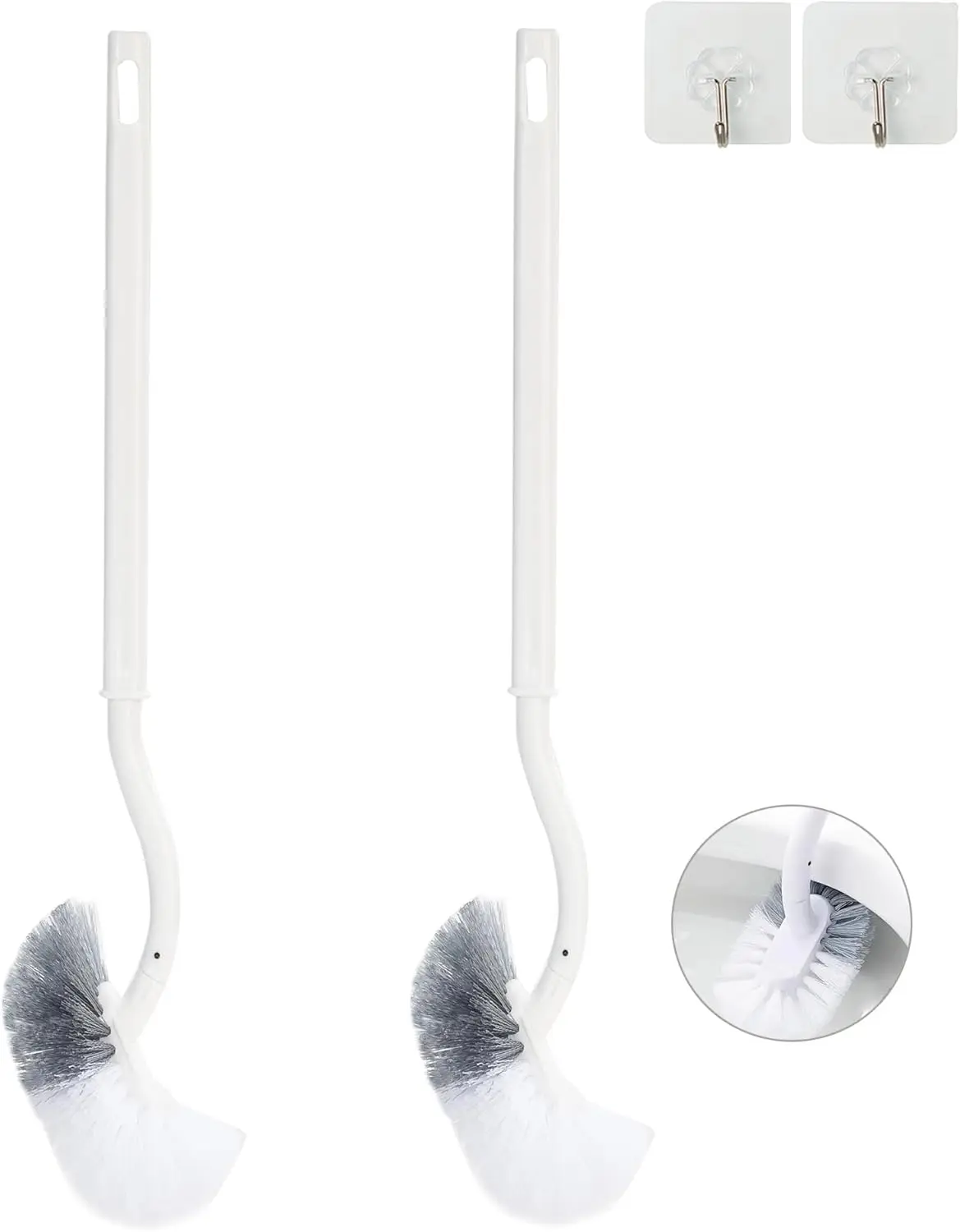 

Curved Toilet Bowl Brush Without Holder 2 Pack, Deep Cleaning Under Rim Durable Bristles Easy Storage with Adhesive Hooks for