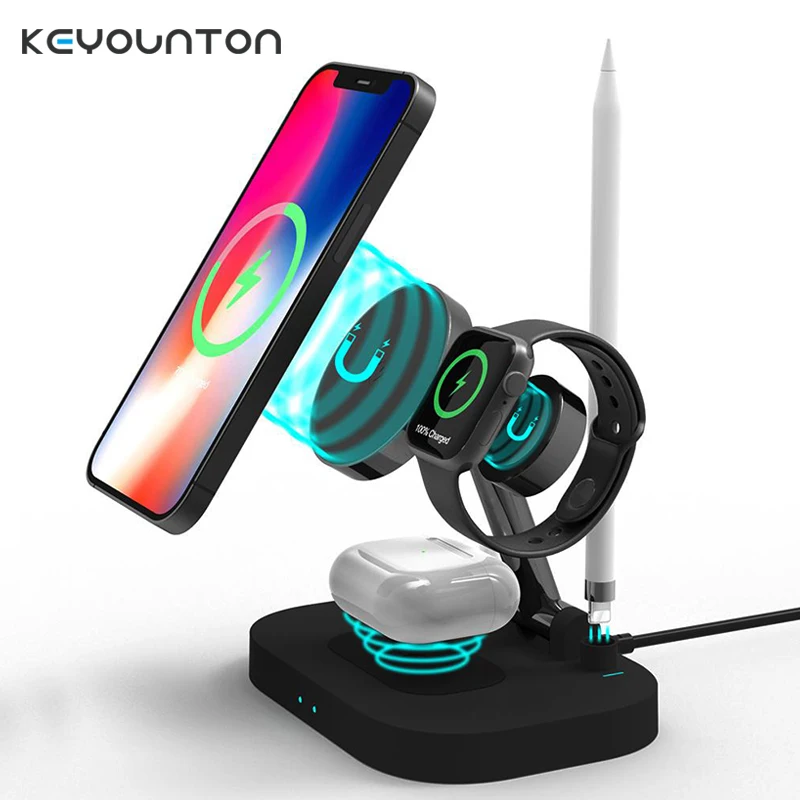 

Подставка для беспроводного зарядного устройства 4 в 1, быстрая зарядка 15 Вт для iPhone 14 13 12 ProMax Apple Watch 7 6 5 AirPods Pro 2, зарядная станция-карандаш