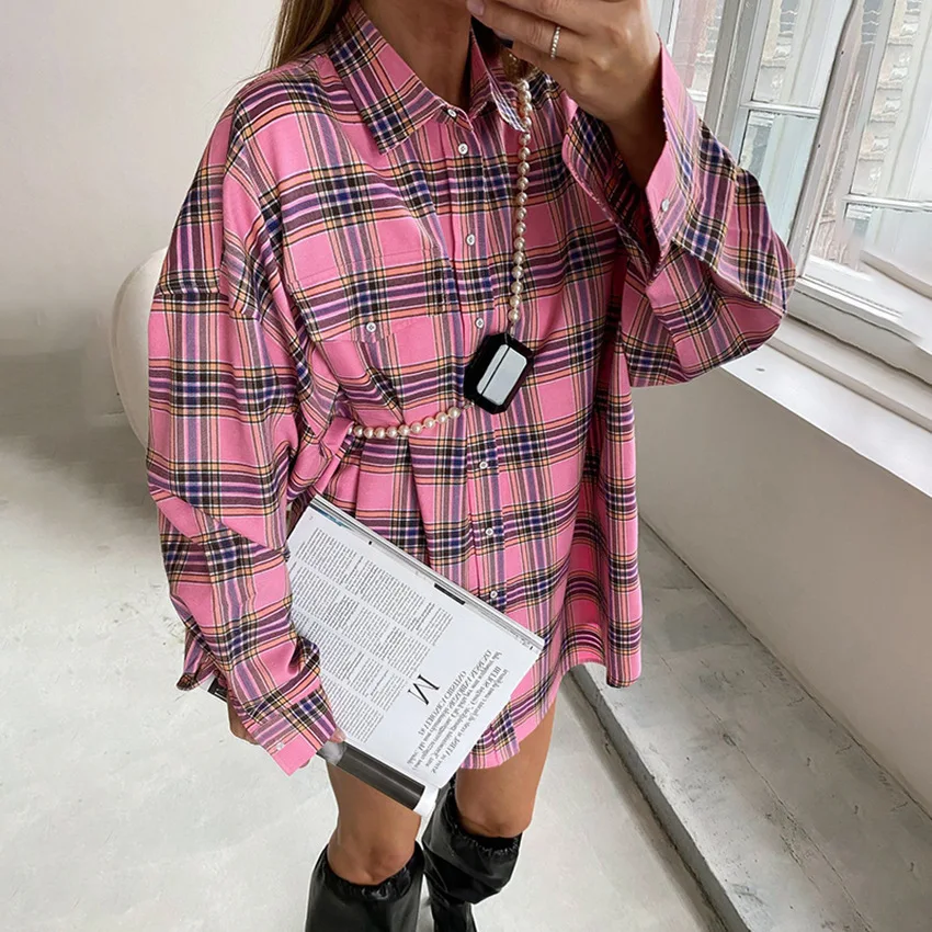 Vintage American Classic Plaid Shirt for Women Spring Summer New Trendy Streetwear Pink Plaid Top Loose Long Sleeve Blouse