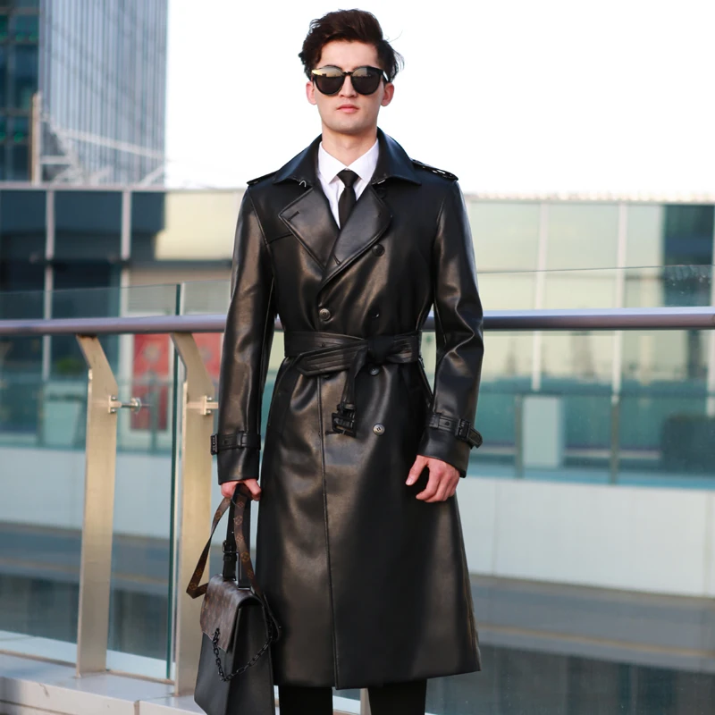 men\'s  leather trench coat  long knee length double breasted classic british fashion  jacket thickened down vest leather windbre