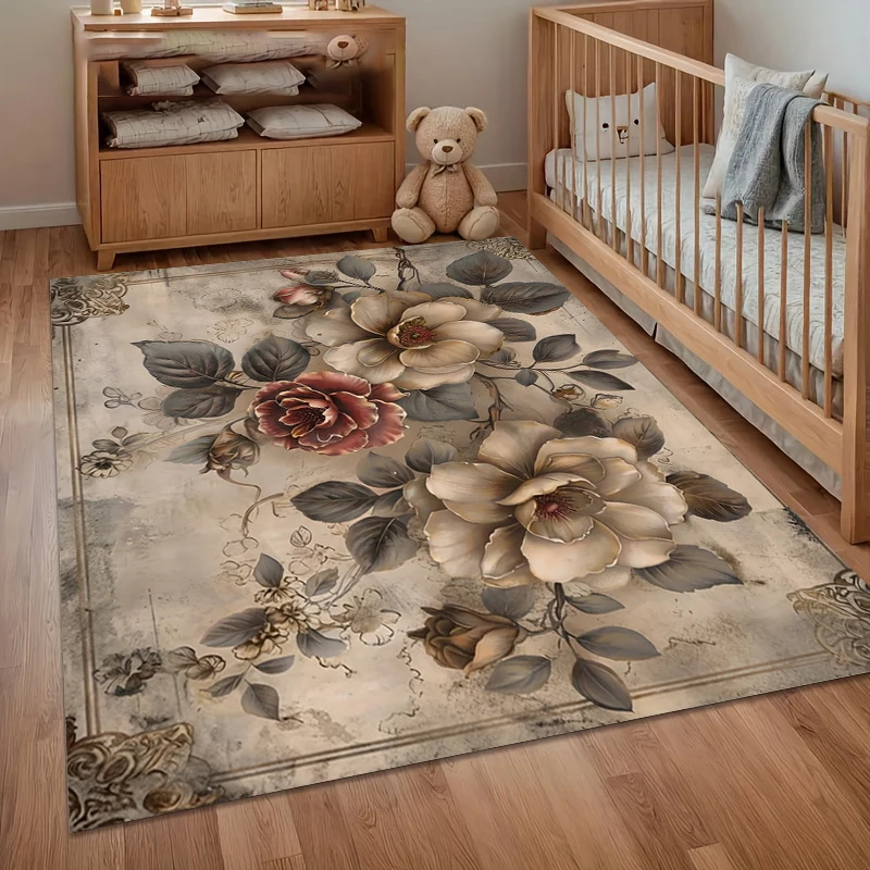 A Vantage Teppich Weicher Rutschfester Vintage-Tinte-Pfingstrosen-Bodenteppich für Eingangsbereich Schlafzimmer Wohnzimmer Kinderzimmer Wohndekoration