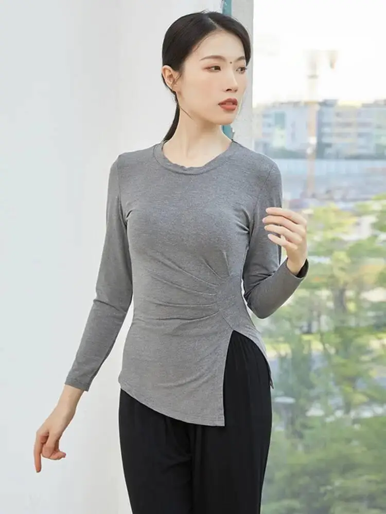 Camicia da ballo con orlo irregolare increspato tinta unita manica lunga slim fit stile classico top da donna allenamento per prove di scena