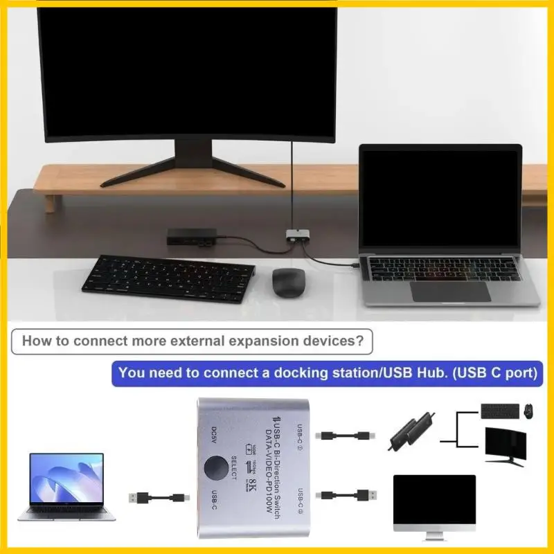  8K USB C Switcher Splitter for 2Computer BiDirectional Type C KVM Switcher Support 100W Charging 10Gbps Data Transfer
