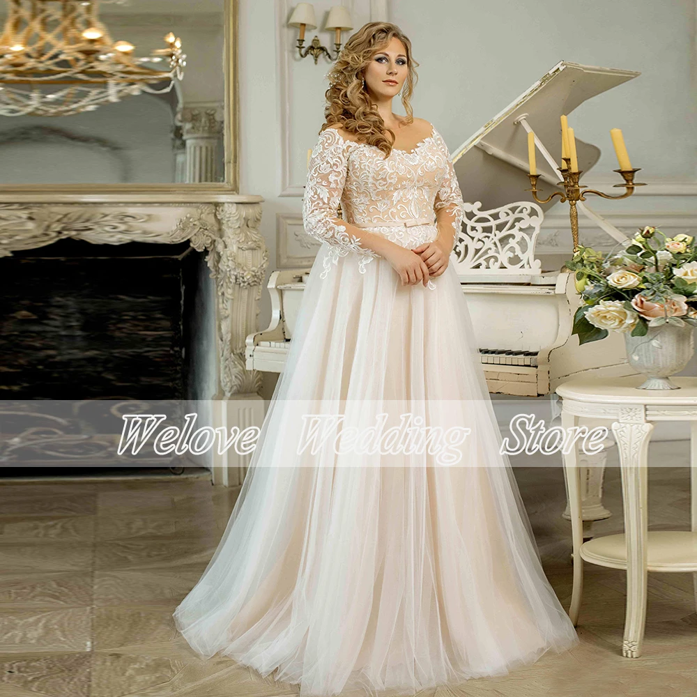 Gaun Pengantin Formal untuk Wanita dengan Lengan Gaun Pernikahan Tulle Antik A Line Korset Panjang Selantai Applique Vestidos De Novia