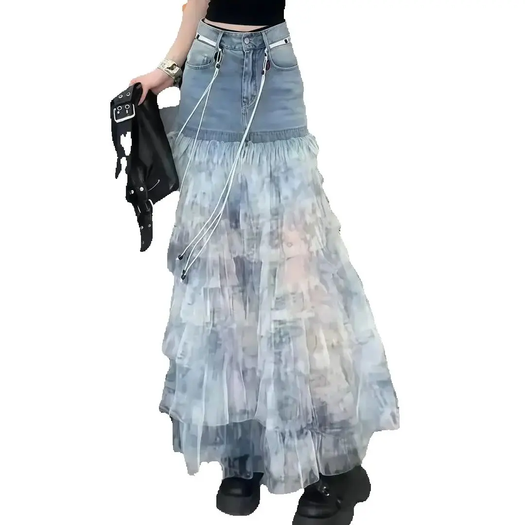 Blue Tie-Dye Denim Spliced ​​Skirt Women Summer New Fashionable Cake Skirt Versatile Fashionable Slim A-Line Skirt