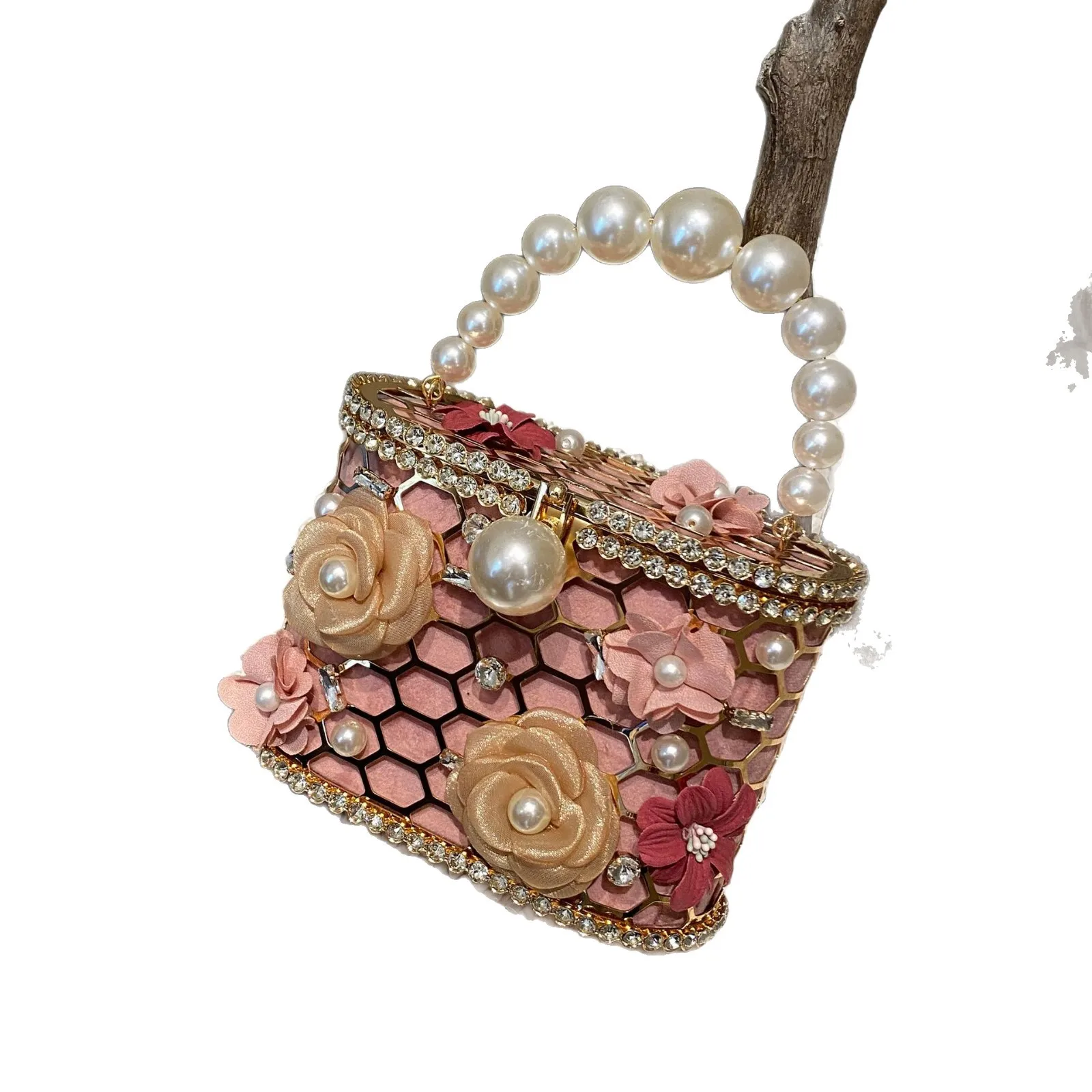 Retro Metal Diamond Embedded Pearl Bucket Handbag Evening Diamond Water Bucket Crossbody Bag Elegant Women's Clutch Purse