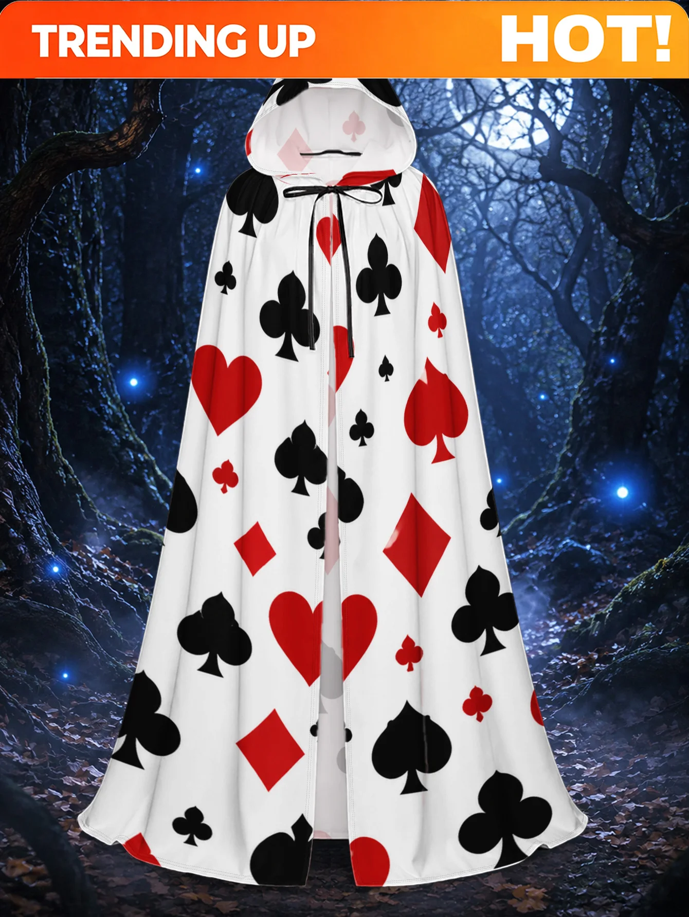 Customization 1pc, Halloween And Christmas Themed Hooded Cape With Flat White Playing Card Symbols Elements, Lightweight Polyest