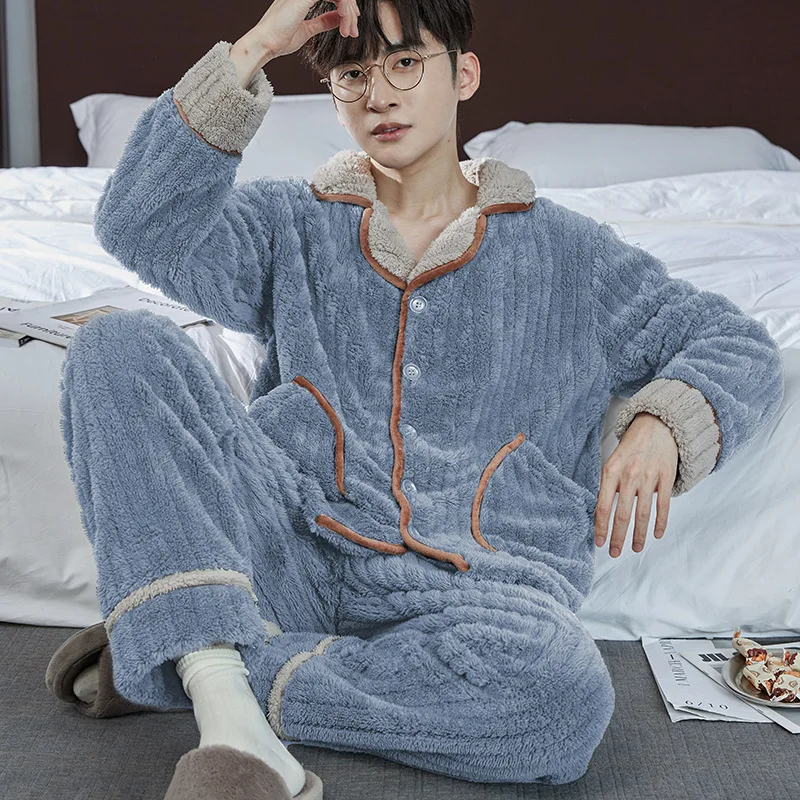 Can Wear Pajamas Men Autumn Winter Flannel Thick Stand Collar Zipper Coral Velvet Pajamas Pajama Pants  Set Men\'s Home Wear