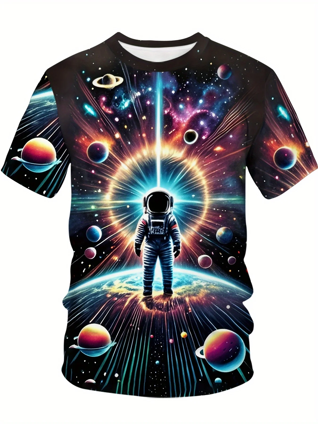 Men Astronaut Standing On Earth Colorful Galaxy Planet Light Beam Print Short Sleeve Crew Neck Casual T-shirt
