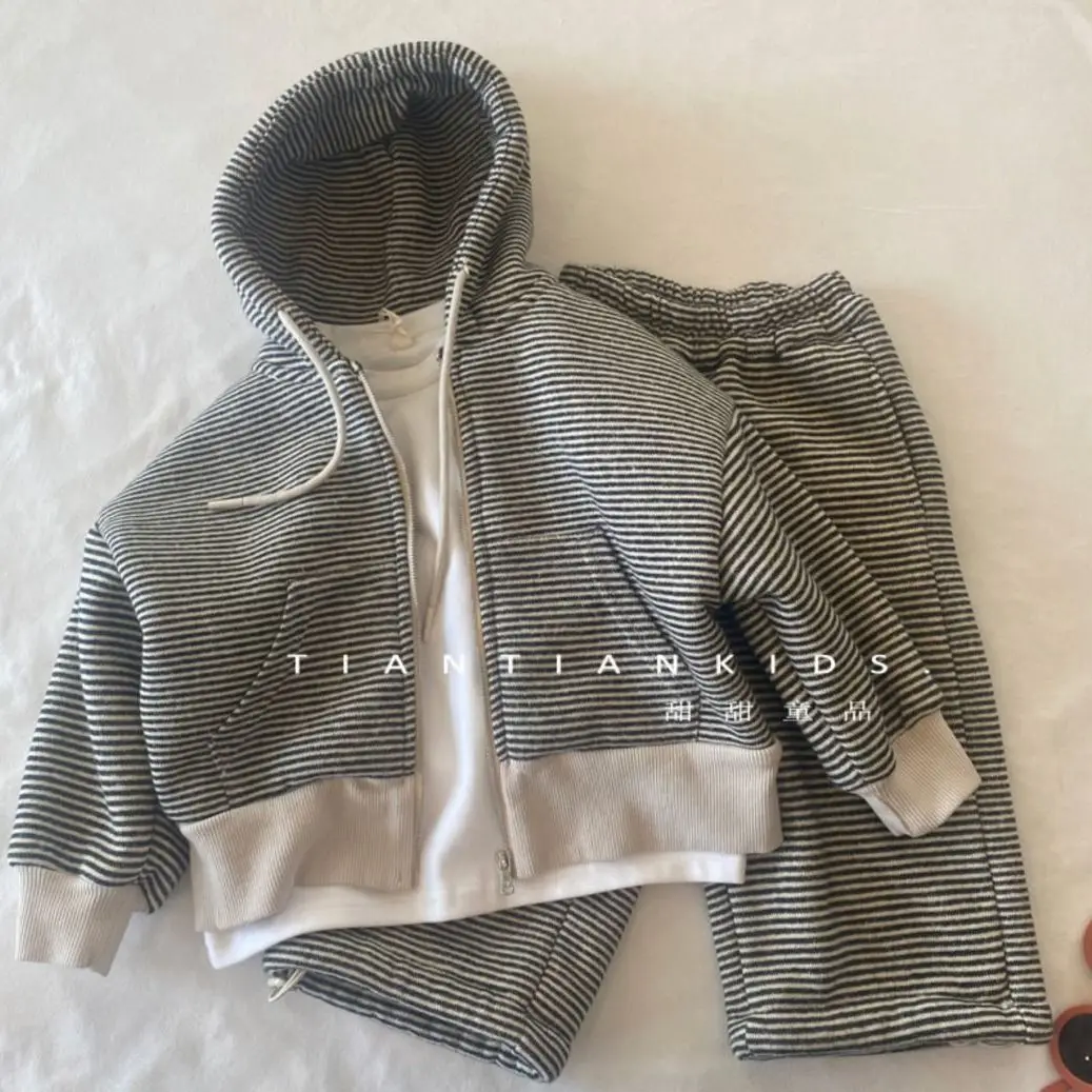 Children's Velvet Set 2026 Autumn/Winter Striped Children's Sets for Boys Girls Sweater Hoodie Pants Two Piece Set