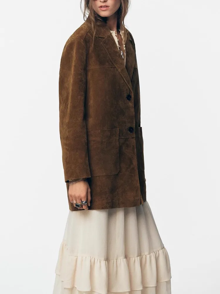 

Fall 2025 New Women's Suede Velvet Suit Jaet Loose Outerwear Korean Sle Commute Knot Tassel Long Sve Coat