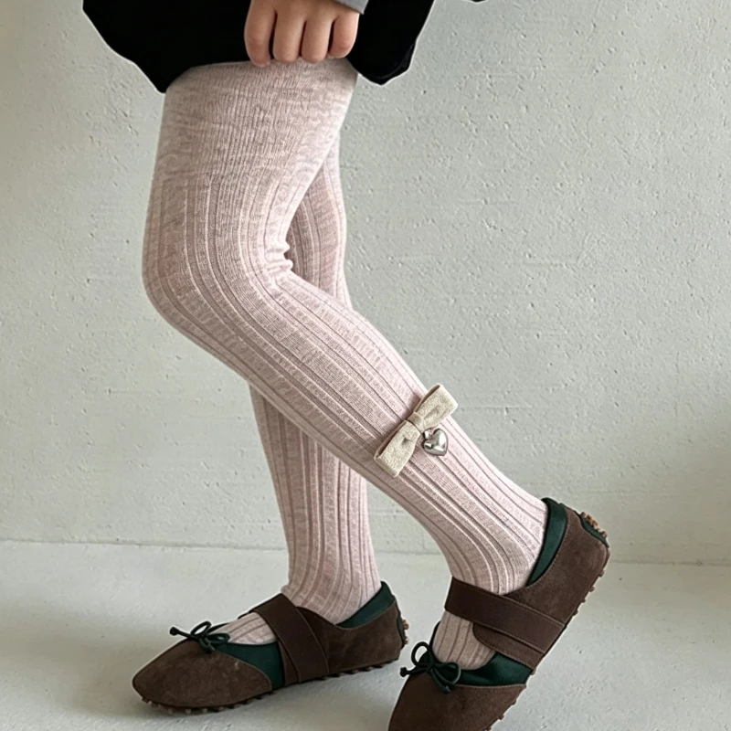 Sweet Girls Solid Vertical Stripe Pantyhose Bow With Silver Heart Pendant Decor Soft High Stretch Princess Lolita Daily Leggings