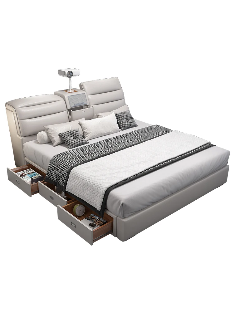 

Modern leather bed, simple light luxury, small apartment, master bedroom, tatami mat storage, multi-functional projection