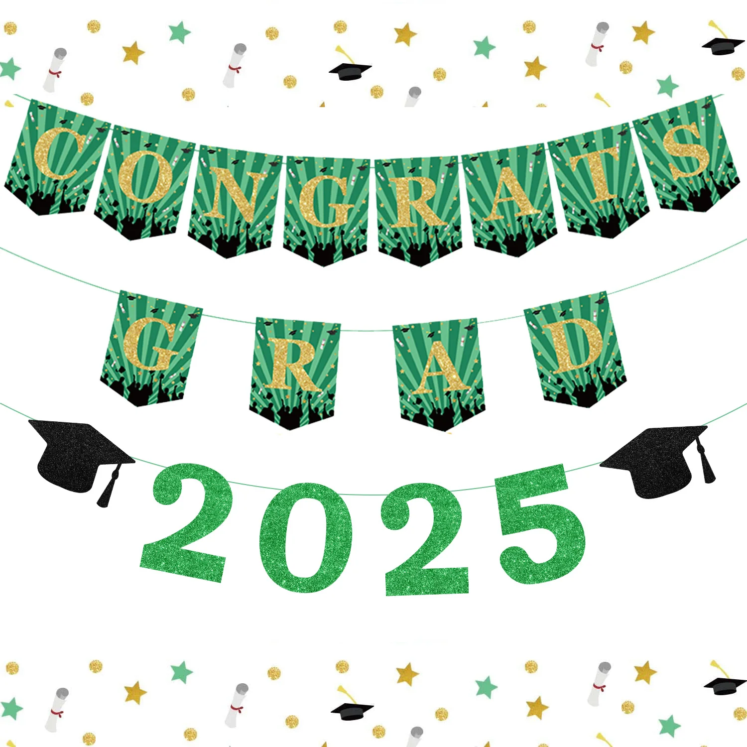 Kreatwow Green 2025 Graduation Theme Banner Set Glitter Congratulations Congrats Grad Banner for Graduation Party Class of 2025