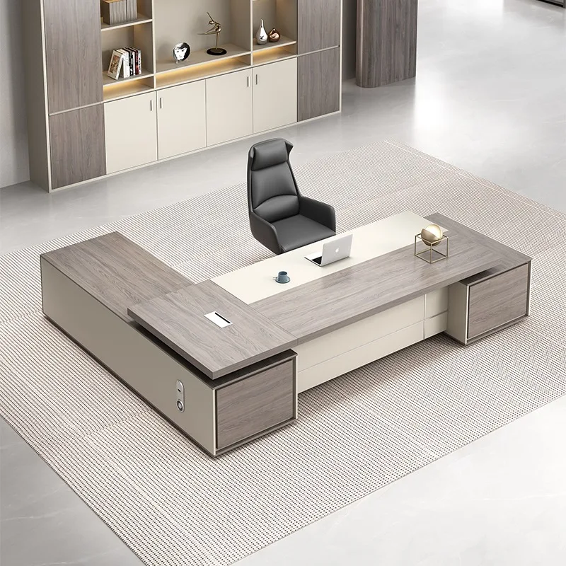 طاولة مشرف مدير الرئيس الحديثة الفاخرة أثاث مكتبي واحد مكاتب كمبيوتر على شكل حرف L مع أدراج وكرسي #2