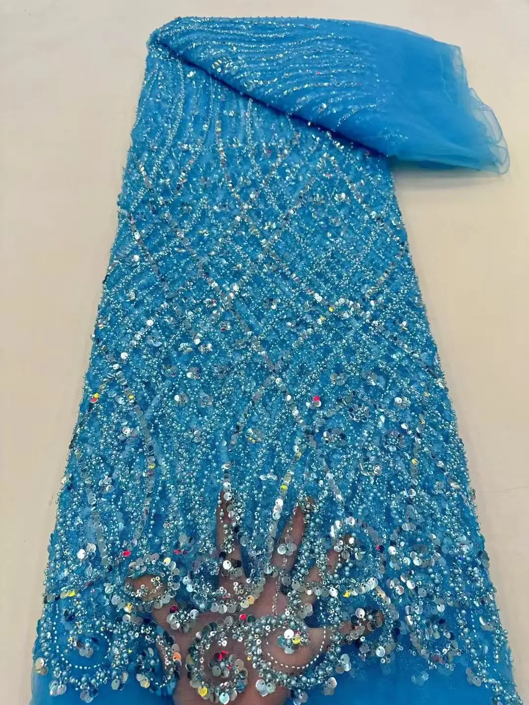 African Sequins Lace Fabrics Fashion Nigerian Embroidery Beaded Tulle Lace Fabric High Quality For Sewing Cloth Party Dress