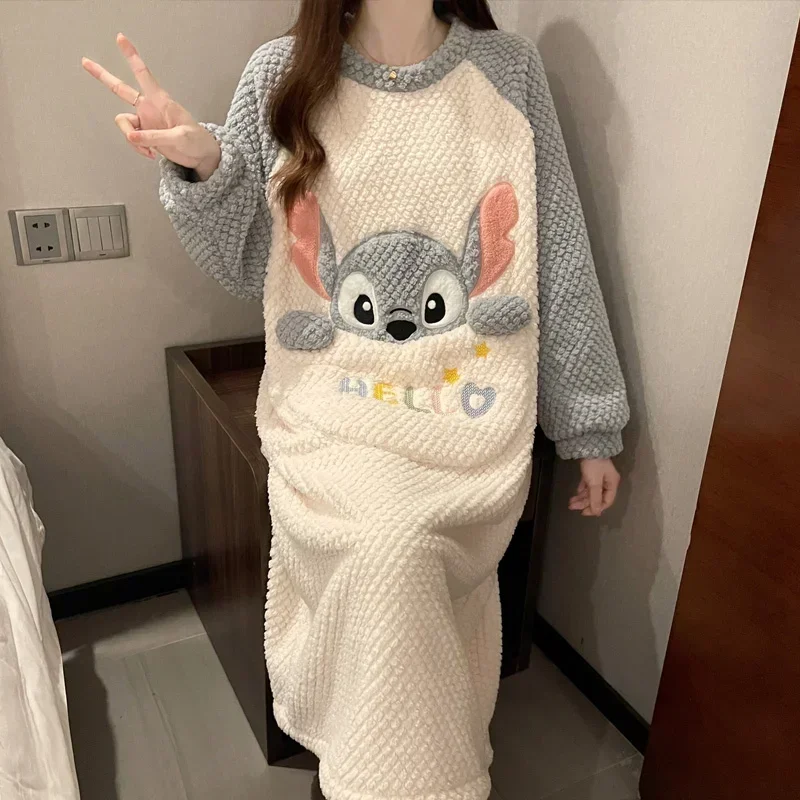 Stitch pajamas winter cotton women's pajamas new pajamas cartoon Disney loungewear thermal dress Stitch women's pajamas