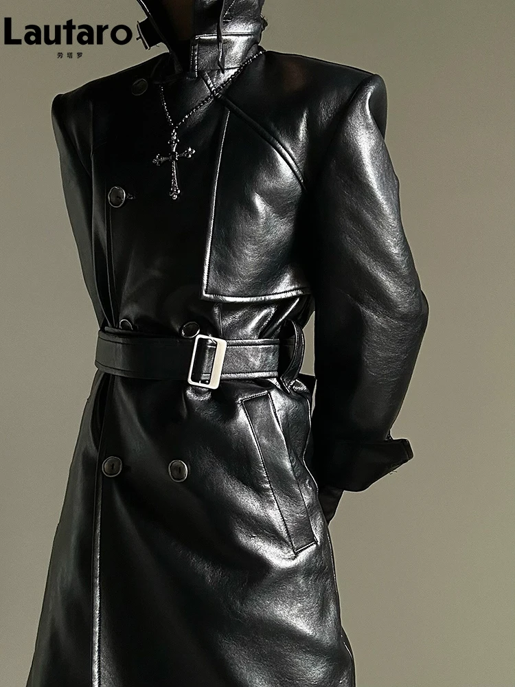 

Lautaro Spring Autumn Long Black Hard Pu Leather Trench Coat for Women Shoulder Pads Cool Emo Streetwear Runway European Fashion