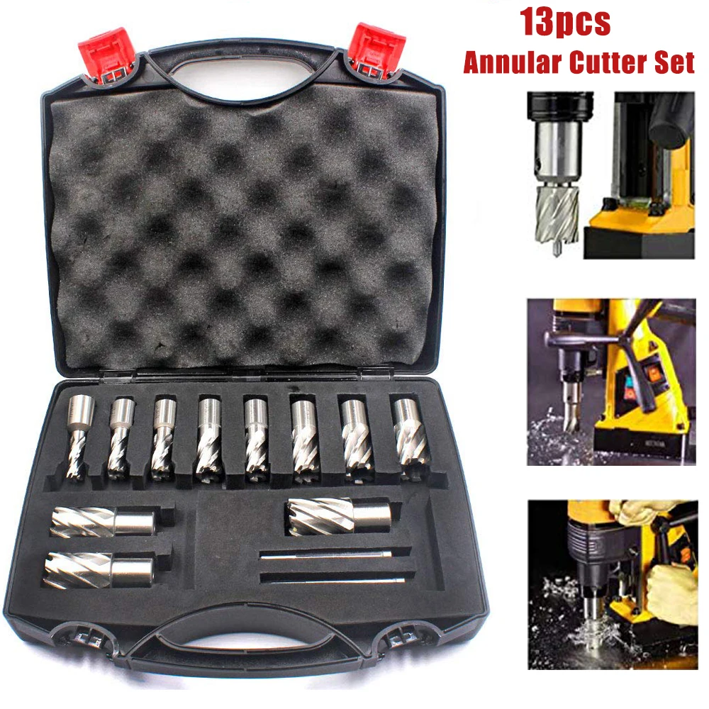 Annular Cutter Set 13 pcs 3/4 Inch Weldon Shank 7/16 to 1-1/16 for Drill Press HSS Standard Kit Two Flat with 2 Pilot Pins