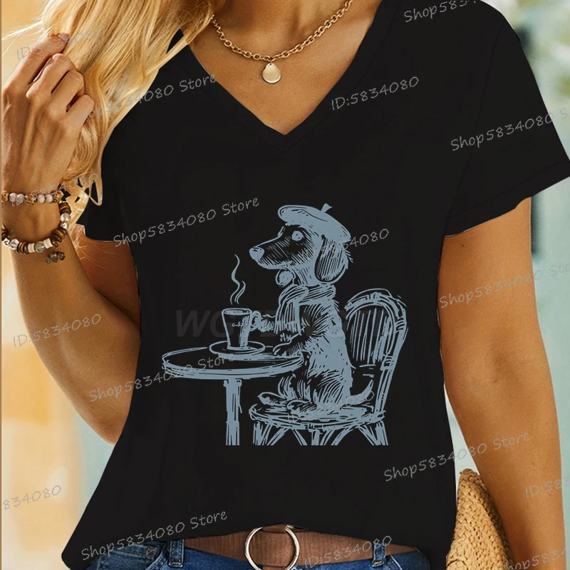 Vintage Dog T-Shirt for Women Coffee Dachshund Mom Short Sleeve Tee Coffee Lover Gift Fashion Dachshund Owner Funny T Shirts