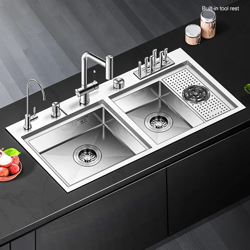 New Hidden Double Cover Double kitchen Sink SUS 304 Stainless Steel Handmade Brushed kitchen Sinks Cup Rinser Sinks