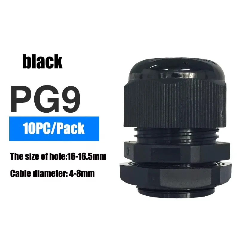10Pcs Waterproof Cable Gland Cable entry IP68 PG9 Black Nylon Plastic Connector