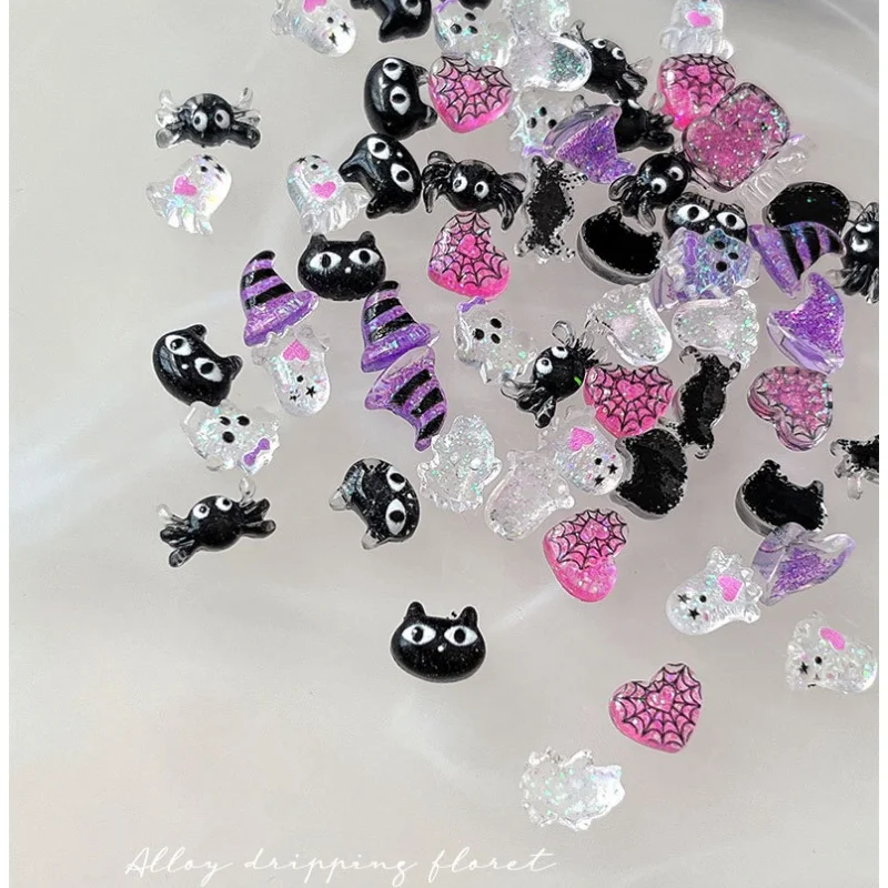 30Pcs Halloween Nail Sticker Clear Ghost Nail Art Accessories 3D Ghost Black Spider Nail Supplies Purple Wizard Hat Nail Jewelry